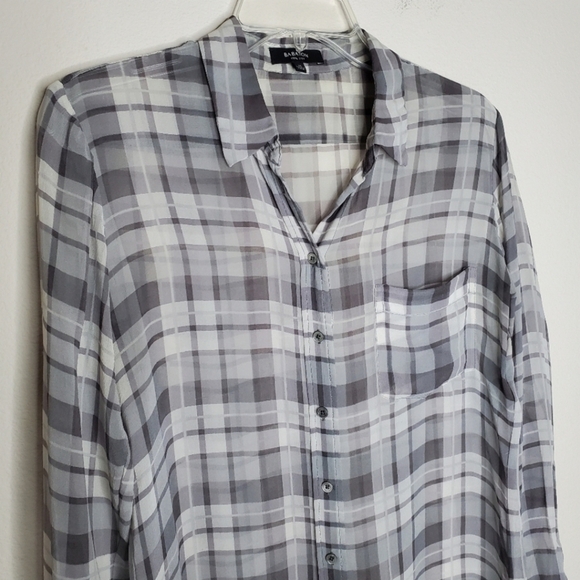 Aritzia Babaton Darien Gray Plaid Print Silk Button Front Long Sleeve Blouse Top - Picture 4 of 9
